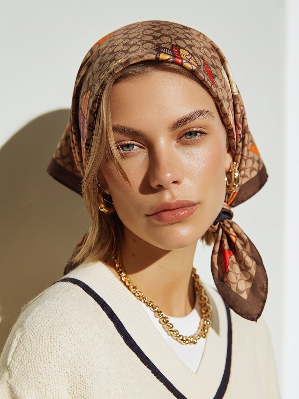 Brown Patterned Silk-Feel Headscarf with Orange Accents - Picture 2 of 11